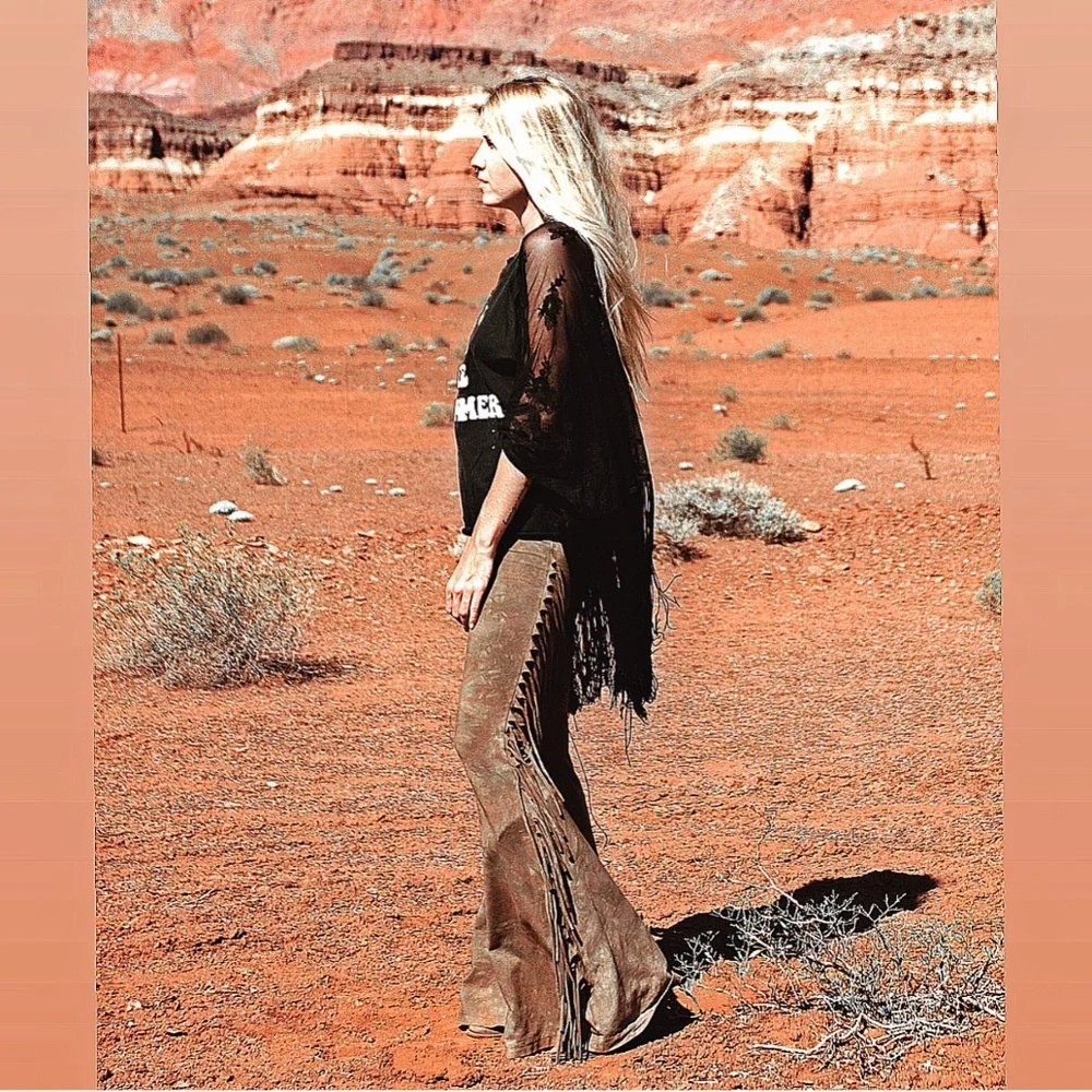 SHORT LENGTH Hip Hugger Fringe Bell Bottoms in SADDLE TIE DYE Sizes XS S M L XL - Picture 7 of 10